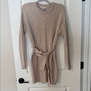 Beige Ribbed Knit Sweater Dress with Belt